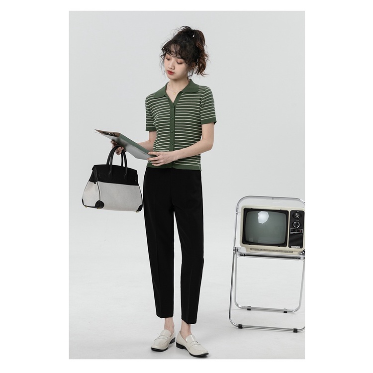Áo polo ZHELIHANGFEI dệt kim tay ngắn cổ bẻ có nút cài họa tiết kẻ sọc thời trang dành cho nữ