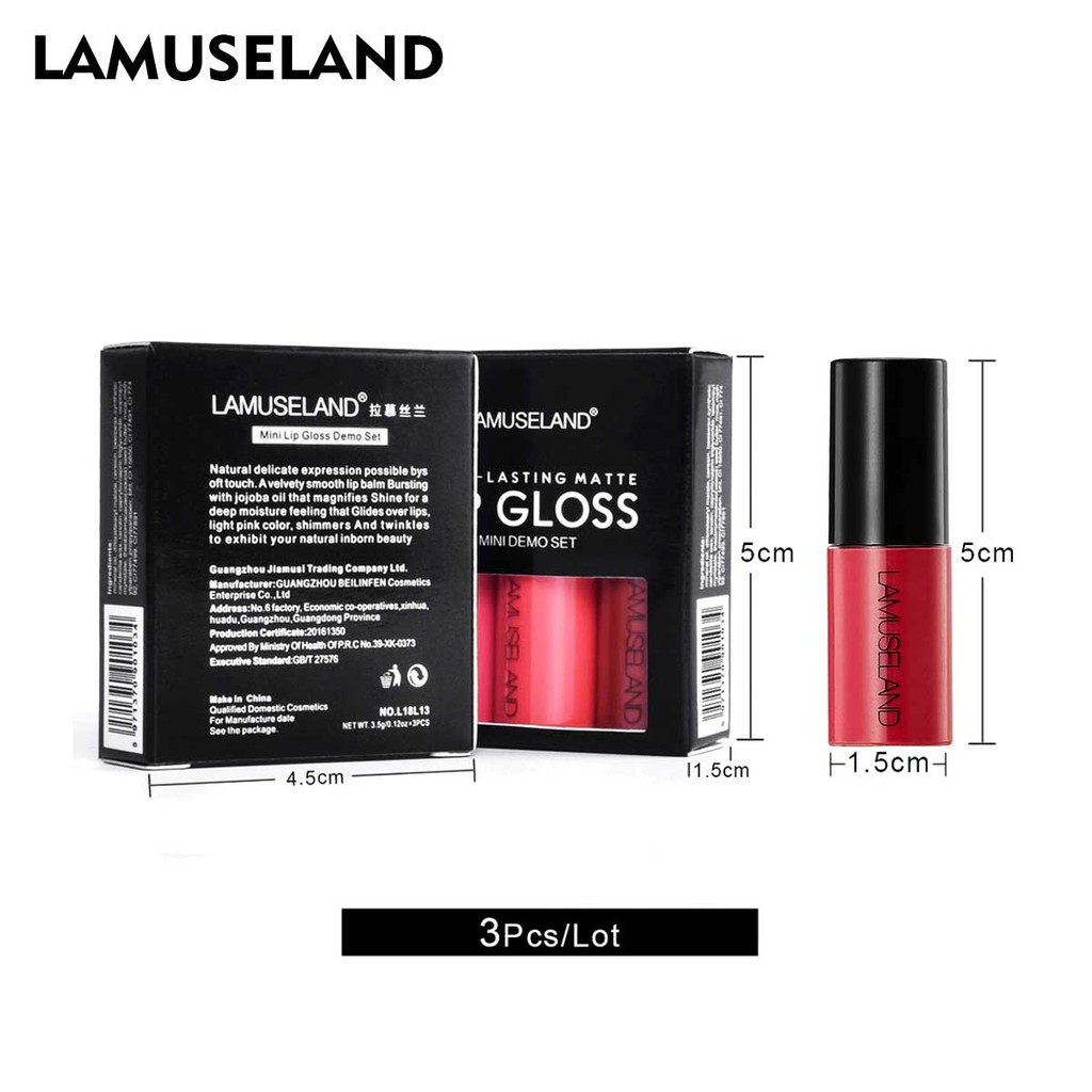 Bộ 3 thỏi son kem LAMUSELAND L18L13 tông lì chống nước lâu trôi 12 màu tùy chọn 10.5g