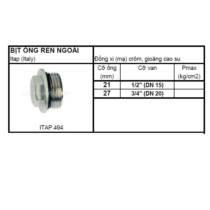 Nắp chụp ống (bịt ống) Italy ren ngoài art.494