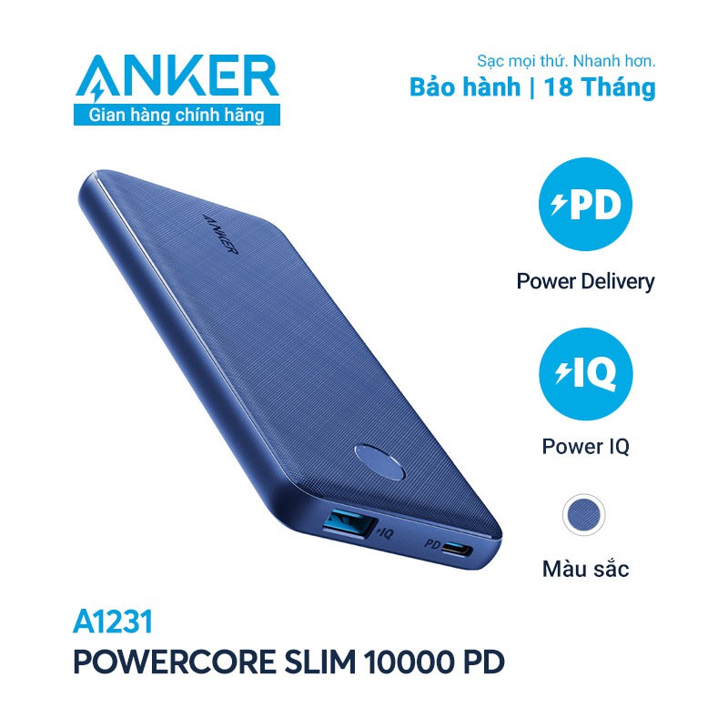 Sạc dự phòng Anker A1231, Có cổng sạc nhanh, Dung lượng 10.000mAh, Hàng chính hãng, Fullbox