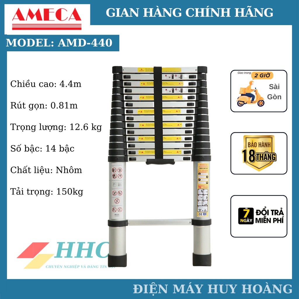 Thang nhôm rút đơn 14 bậc, thang nhôm xếp đơn AMECA AMD-440