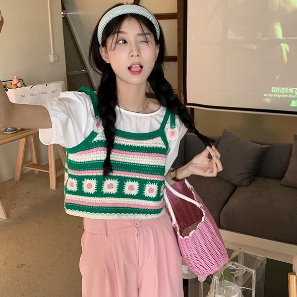 ZHELIHANGFEI Áo Croptop 2 Dây Len Móc Thêu hoa Đi Du Lịch