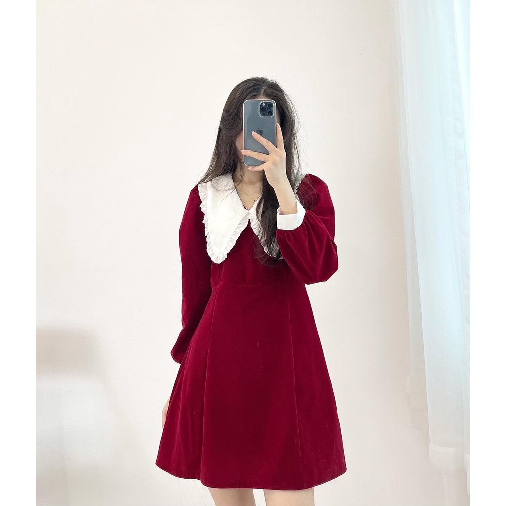 Đầm nhung cổ bèo ống tay trắng Miho house