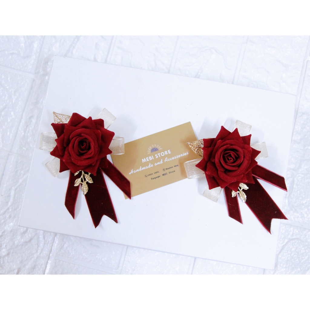 1 cái Hoa handmade cài áo cô dâu, chú rể, sui gia đám cưới màu đỏ mix ruy băng nhung
