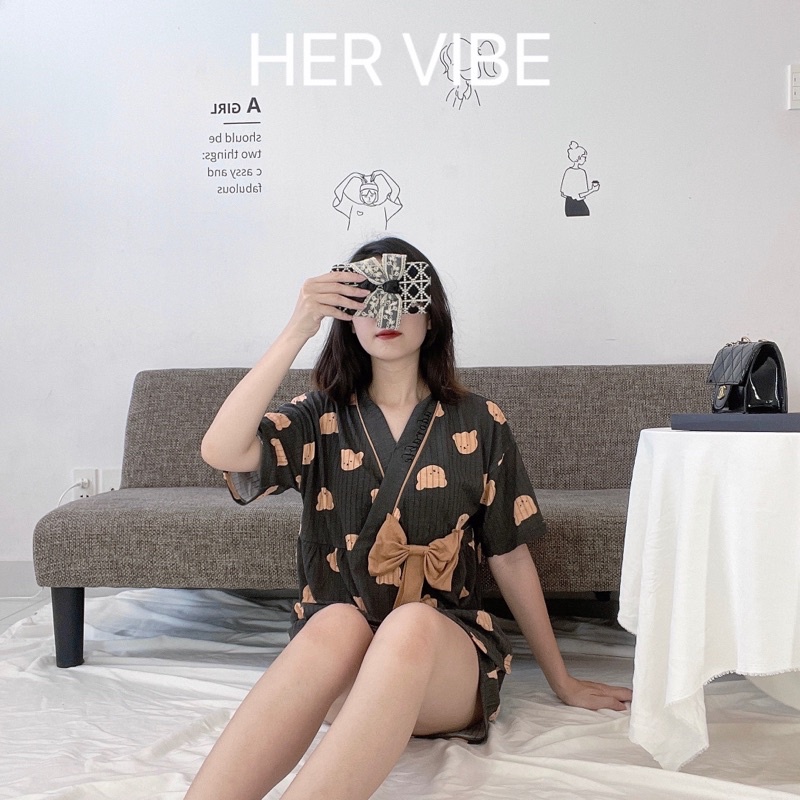 Bộ pijama kimono phối nơ dáng babydoll đồ ngủ nữ dễ thương chất mềm mát Her Vibe