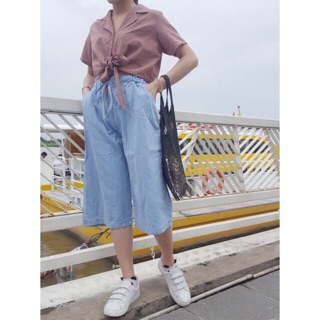 (Hình thật) Quần jean denim ống rộng lưng thun