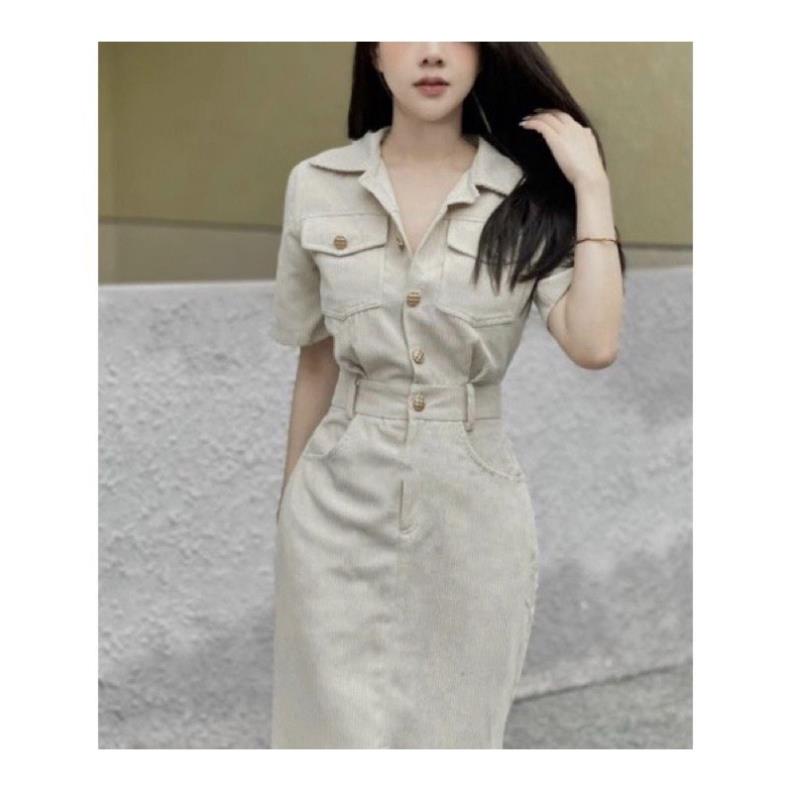 Váy nhung tăm 2 túi cúc đồng dáng dài cho nữ 3 màu