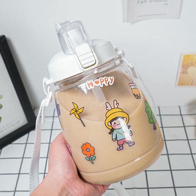 Bình Nước Dung Tích Lớn 1300ml Có Ống Hút Và Dây Đeo Dễ Thương JP6