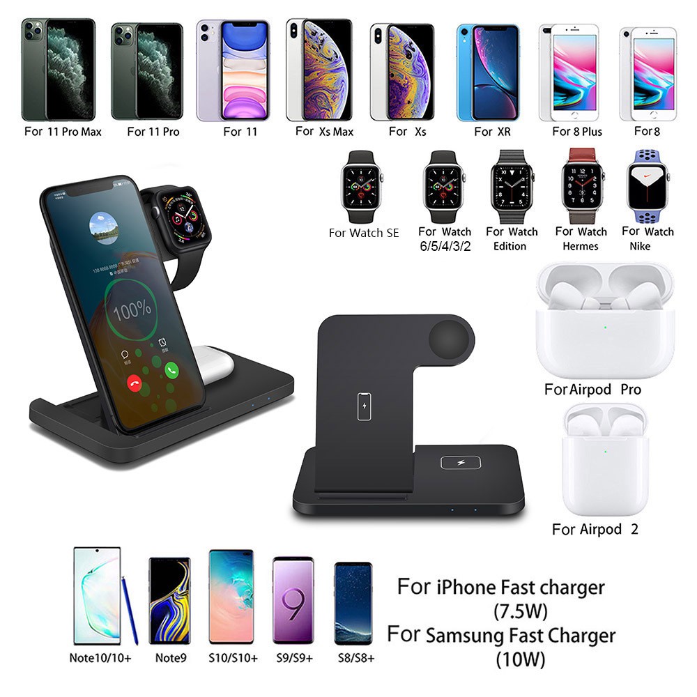 Đế Sạc Nhanh Không Dây 3 Trong 1 15w Cho Iphone 11 Xs Xr 8 Apple Watch Se 6 5 4 3 2 Airpods Pro