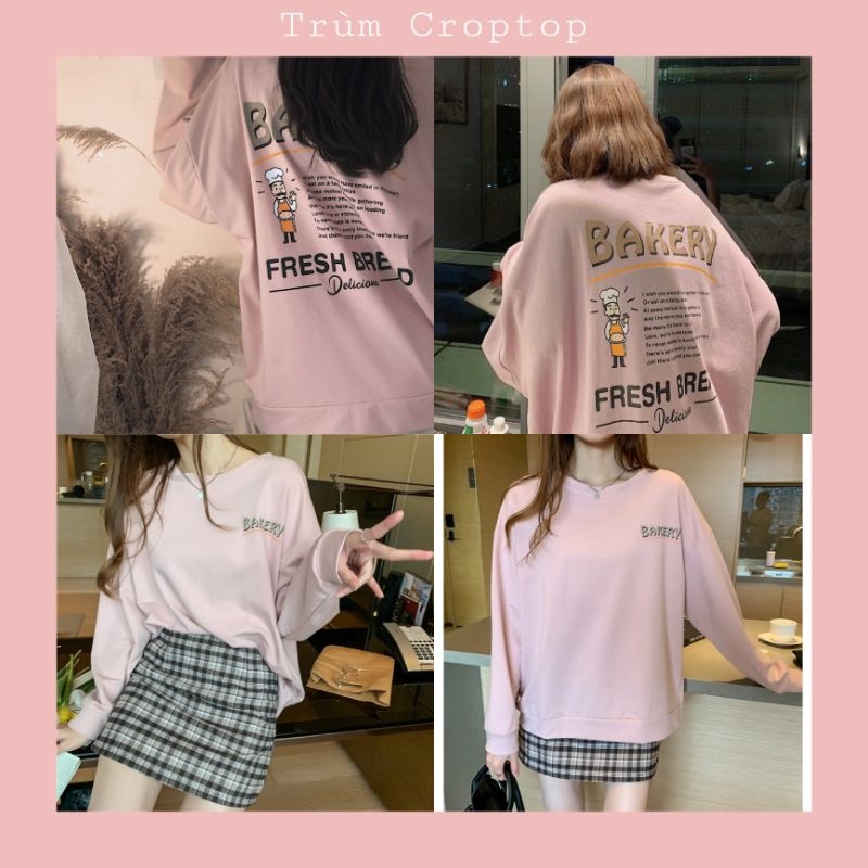 Áo Tay Dài Sweater Chất Nỉ Da Cá Loại 1 In Chưc Bakery Màu Hồng Form Nam Nữ Unisex