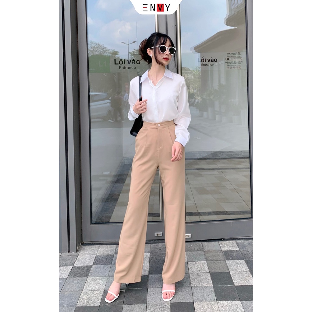 Quần ống rộng suông lưng cao ENVY QK16 vải kaki lụa mềm mịn
