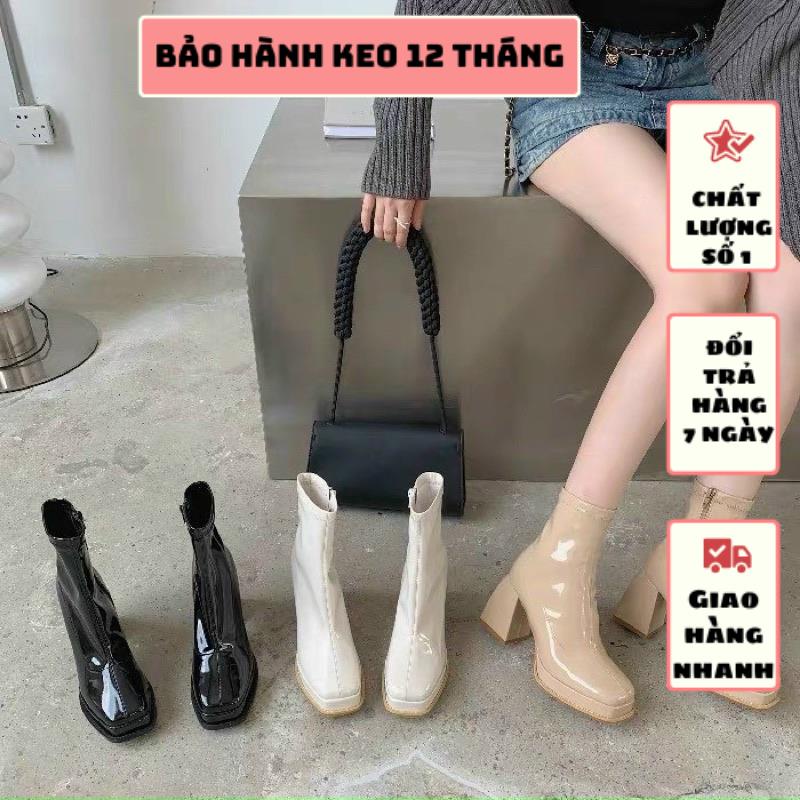 GIÀY BỐT GÓT VUÔNG CHẤT DA SI BÓNG ĐÚP CAO 8 PHÂN HẬU DÂY KÉO TIỆN LỢI