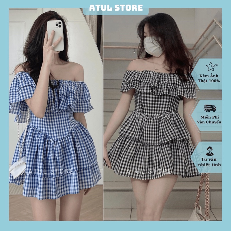 Đầm Nữ, Đầm Trễ Vai Bèo Tầng Tiểu Thư Kẻ Caro Vải Dầy Dặn, Đầm Bèo Dáng Xoè Hot Hit Phong Cách Hàn Quốc - Caron Dress