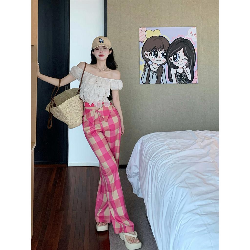Cocory vn Set Áo Kiểu Trễ Vai Viền Bèo Nhún + Quần Dài Lưng Cao Ống Rộng Họa Tiết Sọc Caro Thời Trang Mùa Hè Cho Nữ