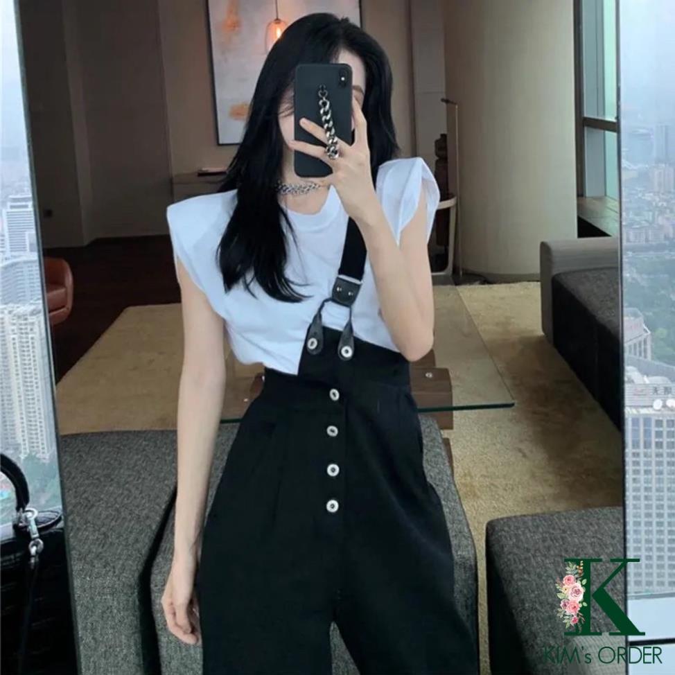 Quần yếm jean nữ màu đen trắng cạp cao form rộng ống dài suông phối cúc phong cách Ulzzang Hàn Quốc cá tính năng động