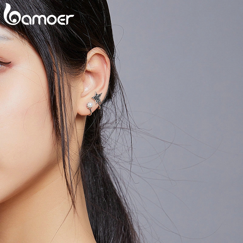 Khuyên Kẹp Tai Bamoer BSE387 Hình Ngôi Sao/Mặt Trang Đính Đá Màu Đen Thời Trang Nam Nữ Làm Bằng Bạc 925