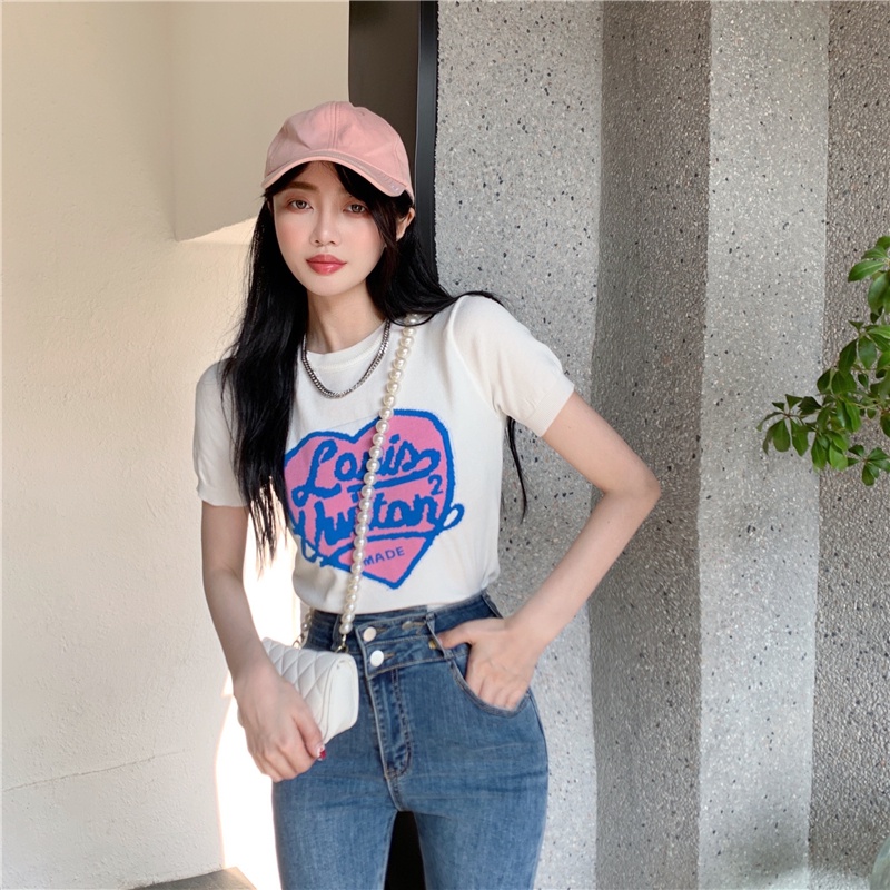 Áo thun ZHELIHANGFEI tay ngắn dệt kim thêu họa tiết xinh xắn thời trang cho nữ tùy chọn màu sắc