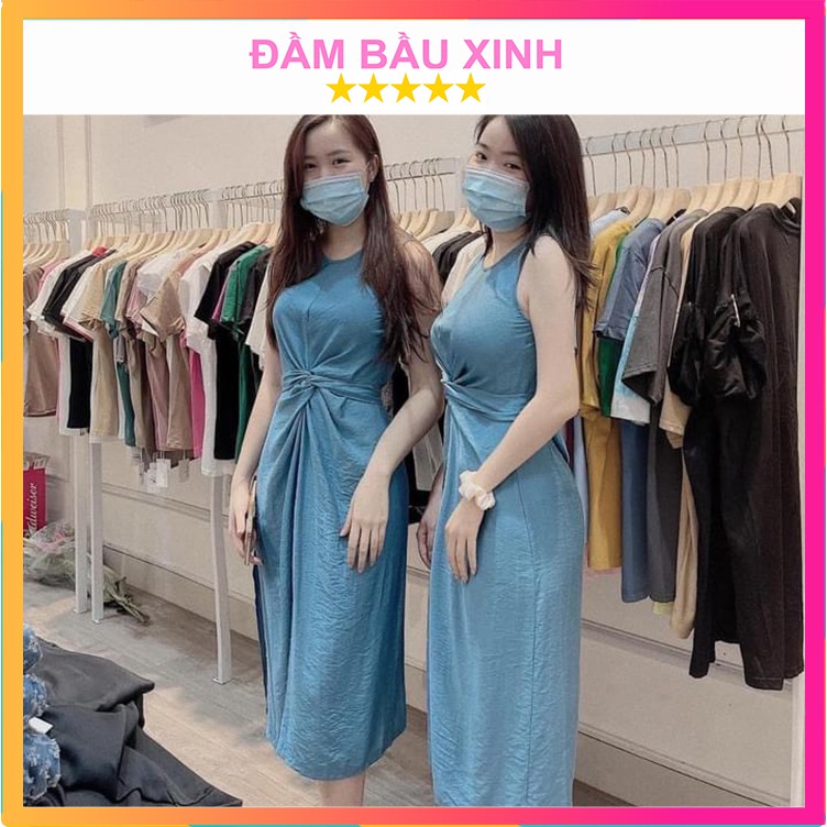 Đầm Đũi Suông Xoắn Eo Váy Sát Nách Dây Buộc Thắt Eo Xanh Cô Ban Xinh Xắn