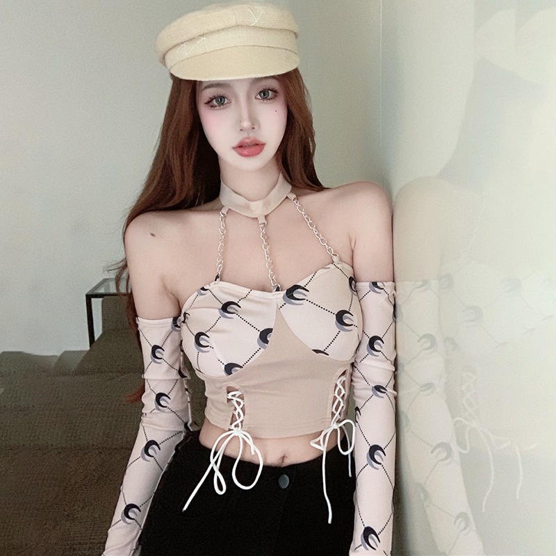 Áo Thun Croptop Tay Dài Trễ Vai Dáng Ôm In Họa Tiết Quyến Rũ Thời Trang Hàn Quốc Cho Nữ