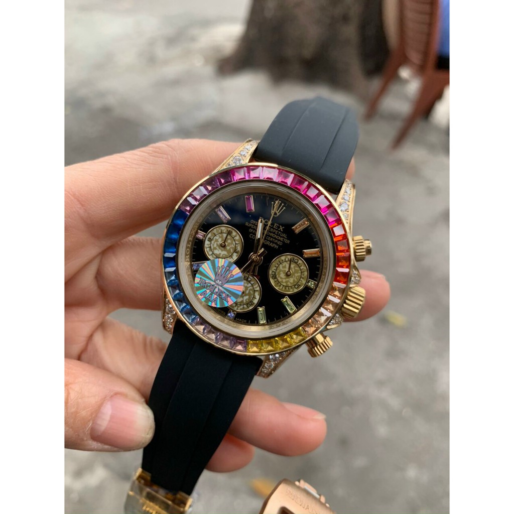 Đồng hồ nam Rolex máy cơ mặt tròn đính đá ngũ sắc, dây cao su chống nước cao cấp