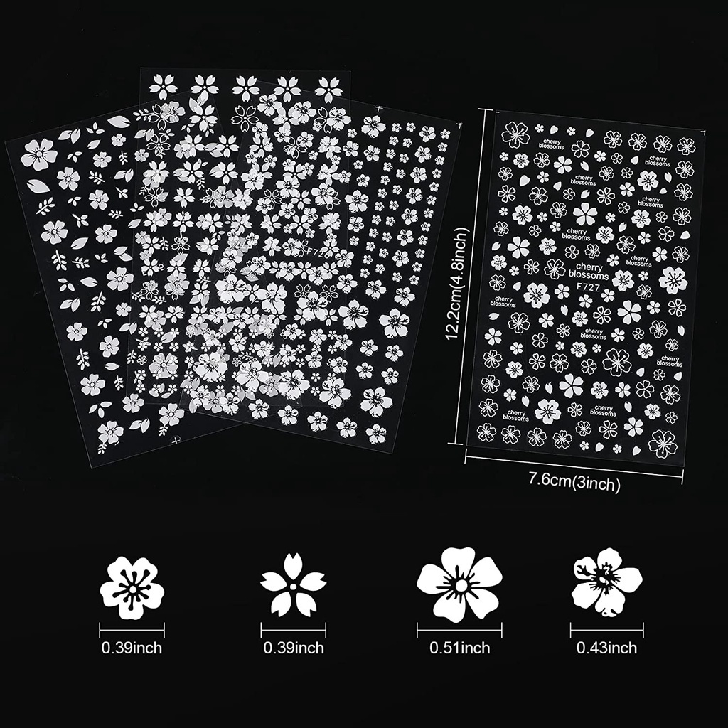 Set 4 Tờ Nhãn Dán Trang Trí Móng Tay 3D Tự Dính Họa Tiết Hoa Trắng DIY