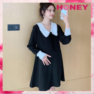 Váy bầu công sở - Đầm bầu thu đông đen phối cổ và tay trắng đầm công sở cho con bú sau sinh