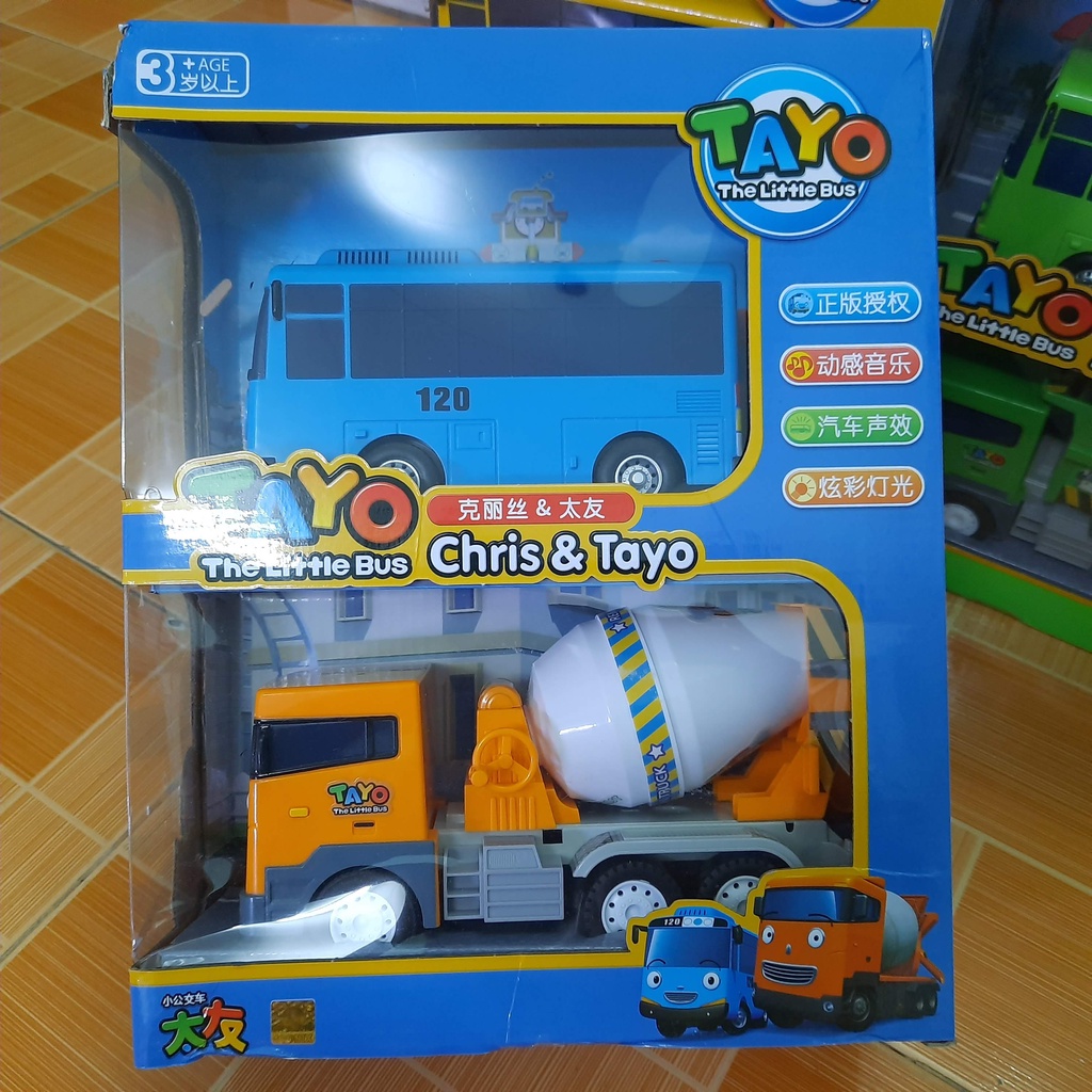 Bộ xe buýt Tayo The little bus gồm 2 xe Tayo và xe trộn bê tông Chris có âm thanh và đèn