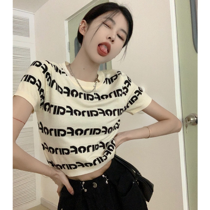 Áo Thun Lửng Ngắn Tay In Chữ Thời Trang Cho Nữ