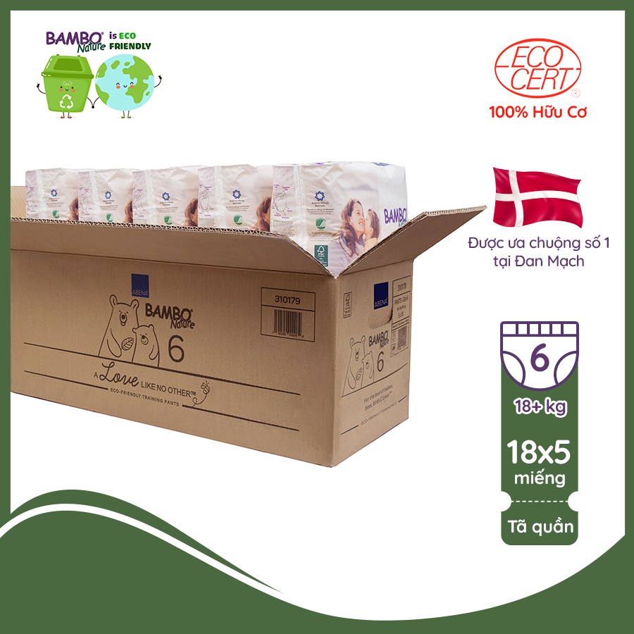 Thùng Tã Quần 100% Hữu Cơ Bambo Nature - Nhập Khẩu Đan Mạch - trên 18kg - Size XXL - 5 Gói - 18 miếng