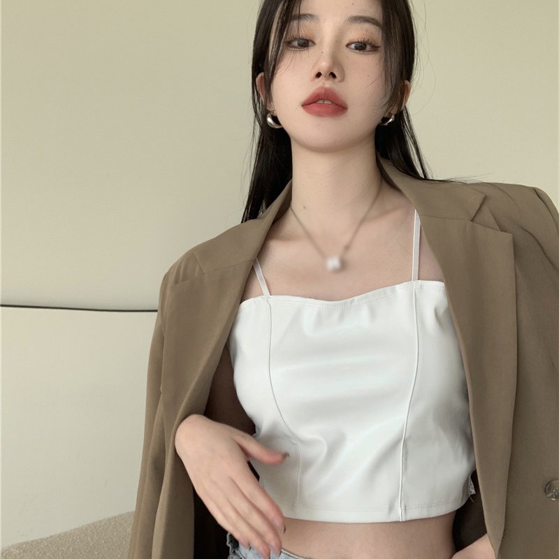 Áo Croptop Sát Nách Chất Da PU Thiết Kế Màu Trơn Thanh Lịch