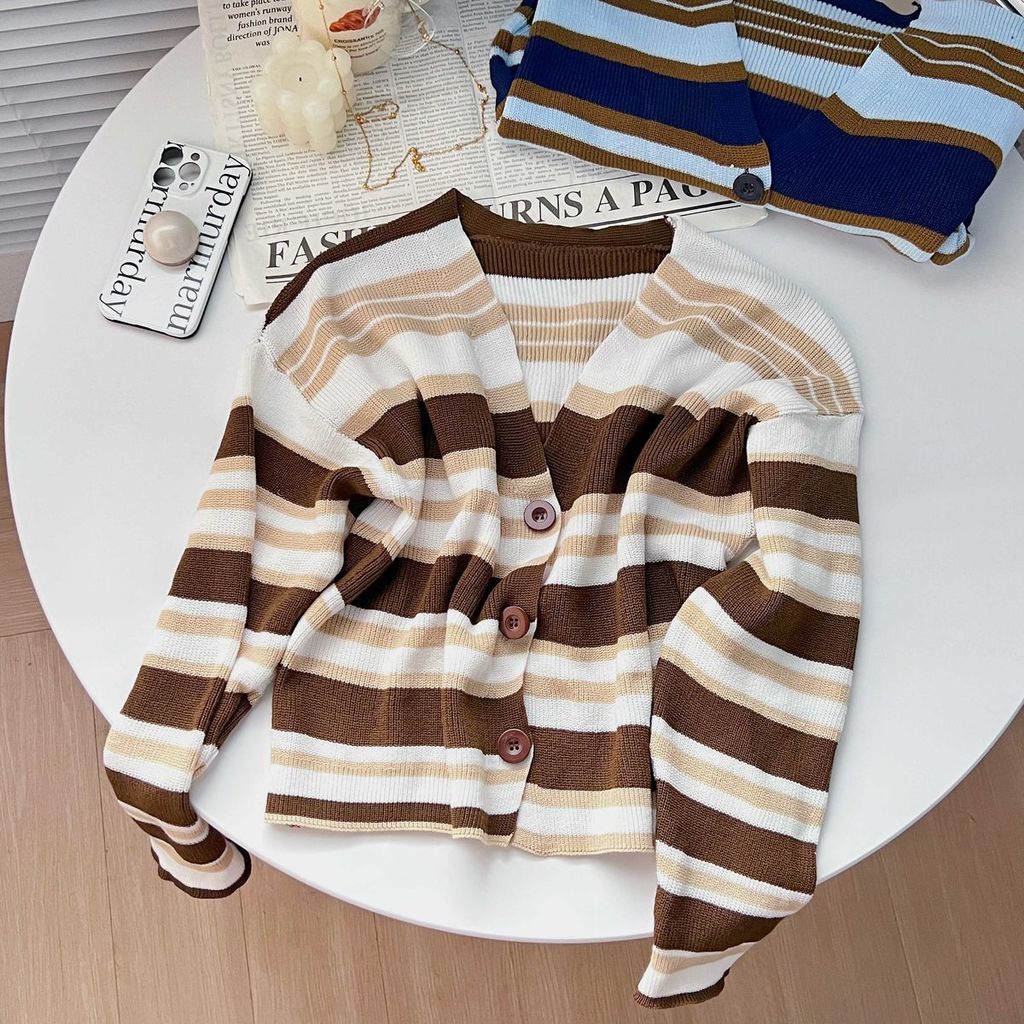 Áo Cardigan Dệt Kim Dáng Ngắn Màu Sắc Tương Phản Phong Cách Hàn Quốc Cho Nữ