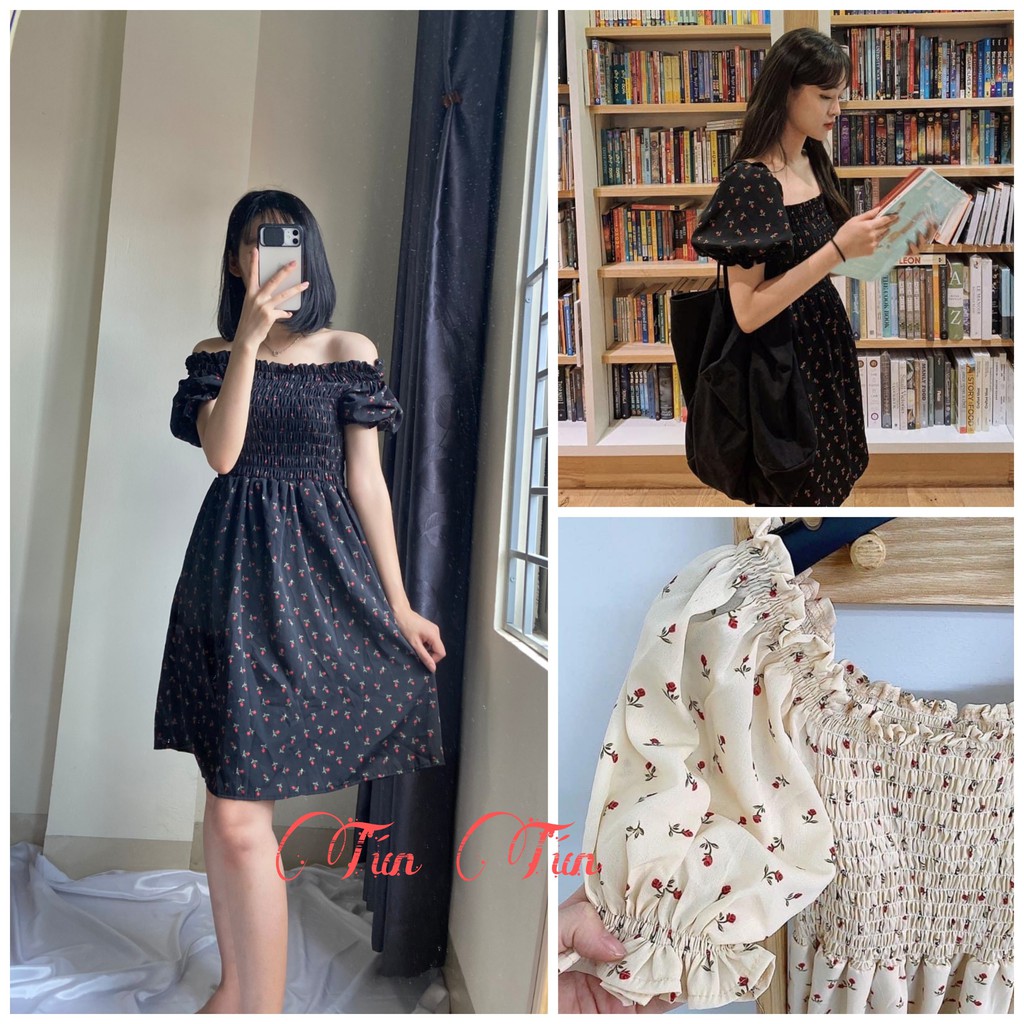 Đầm /váy hoa ulzzang trễ vai chun ngực hai màu đen be