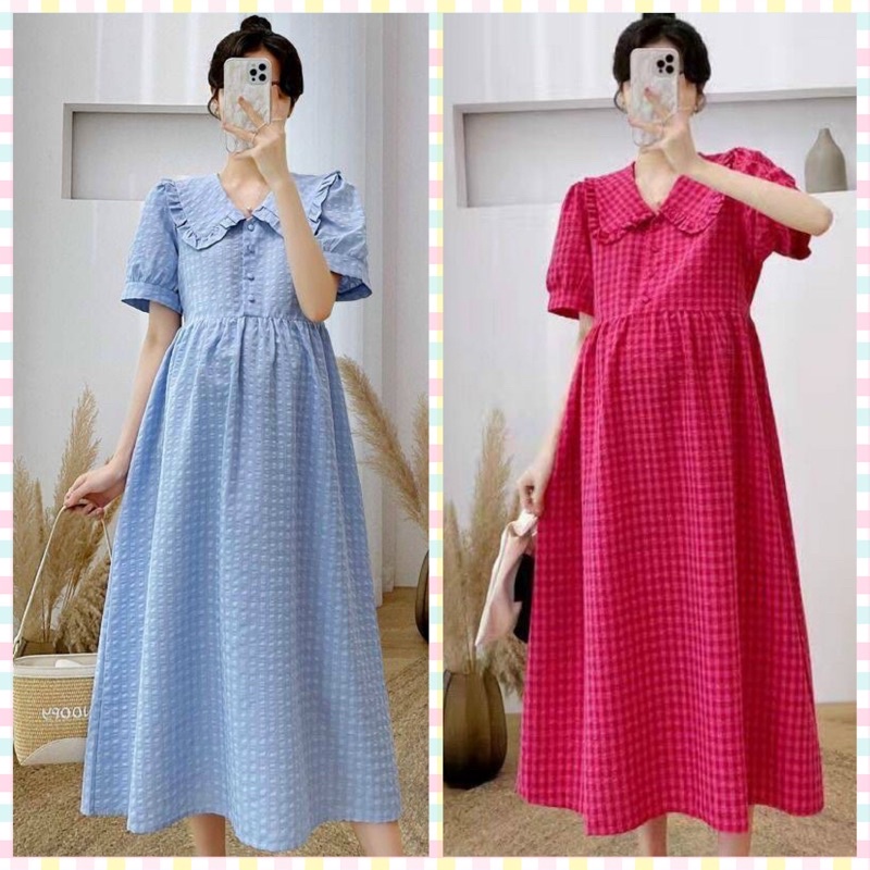 Váy Bầu Mùa Hè Công Sở Sọc Kẻ Kết Hợp Sau Sinh Cúc Thật Freesize Dưới 70kg