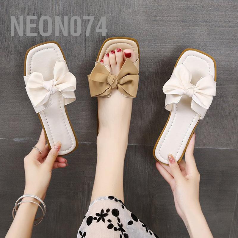 Dép lê bệt đế bằng mũi vuông nữ quai ngang H đính nơ to hot mùa hè Neon074