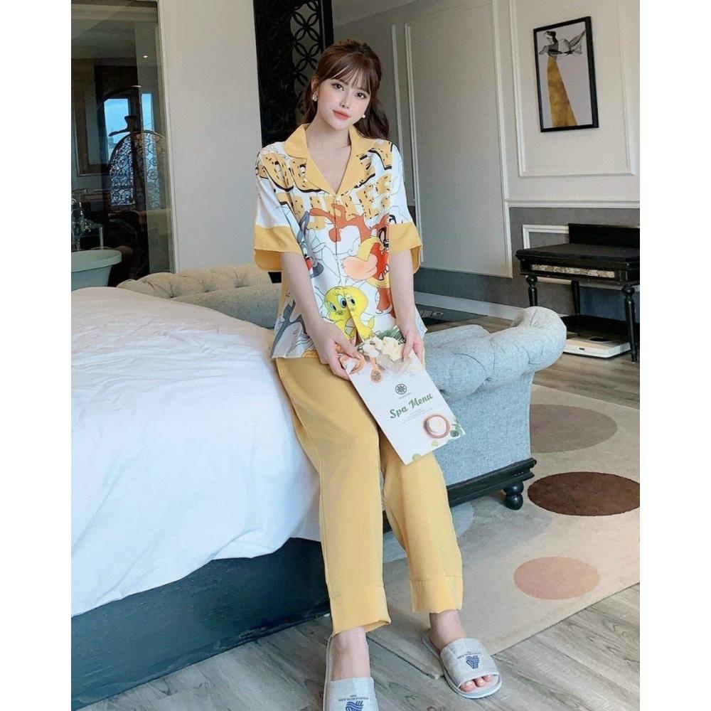 Pyjama Nữ Áo Ngắn Tay Quần Dài , Đồ Ngủ Nữ Giá Rẻ Bộ Mặc Nhà Nữ Mùa Hè Chất Liệu Luạ Mango Cao Cấp