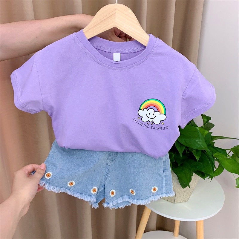 Set Áo Thun Ngắn Tay Và Quần Short Denim In Hoa Mới Cho Bé Gái