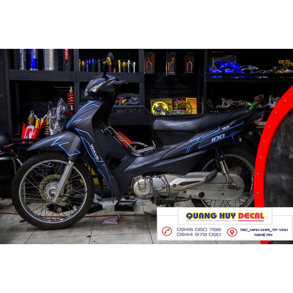 Tem trùm wave ♦FREESHIP♦ đen chỉ xanh alpha 100, độ phủ bộ team decal cho xe máy rẻ đẹp (dán đời 2006-2016)