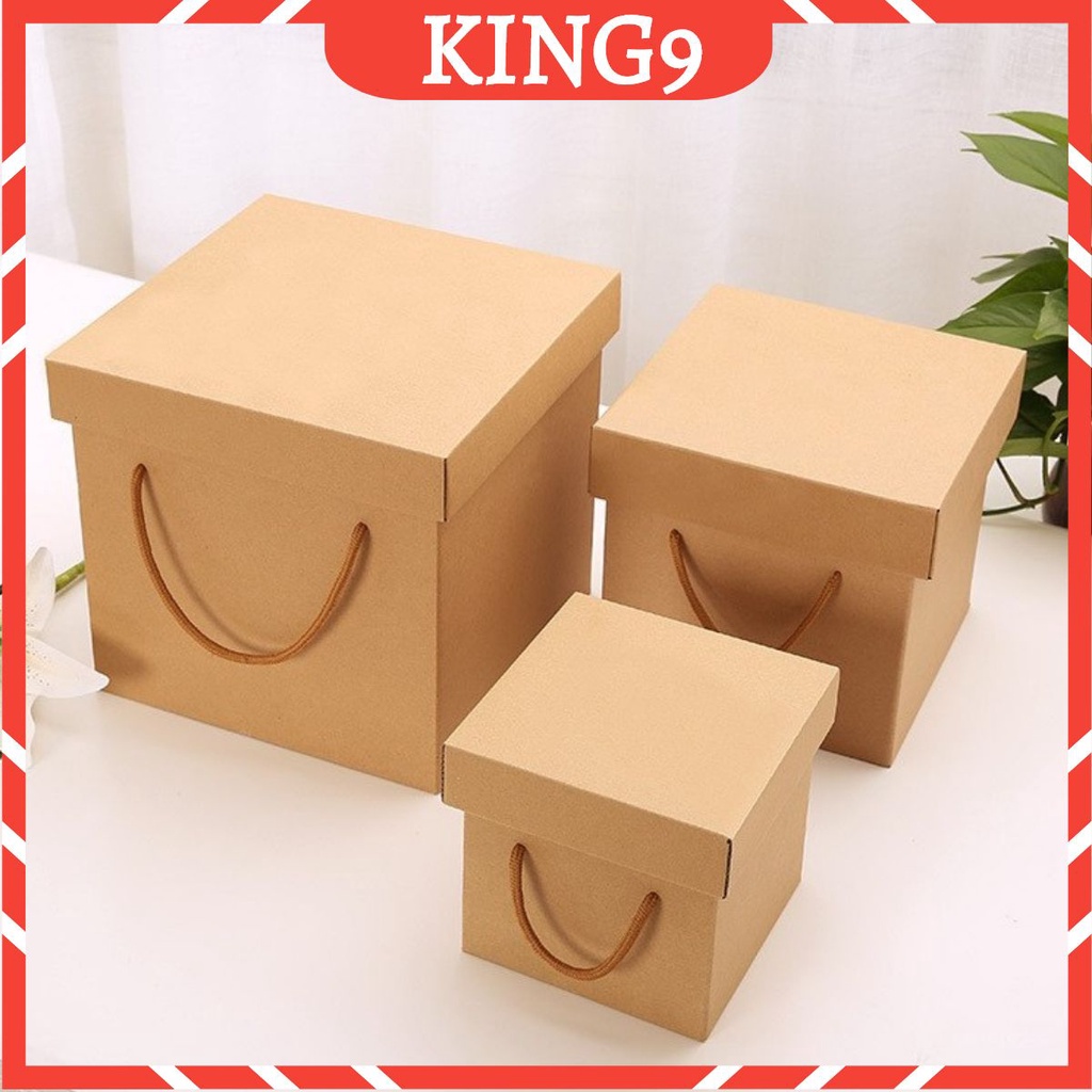 Hộp quà kraft vuông size lớn có quai xách dạng gấp hộp quà sinh nhật 3 size phụ kiện quà tặng king9