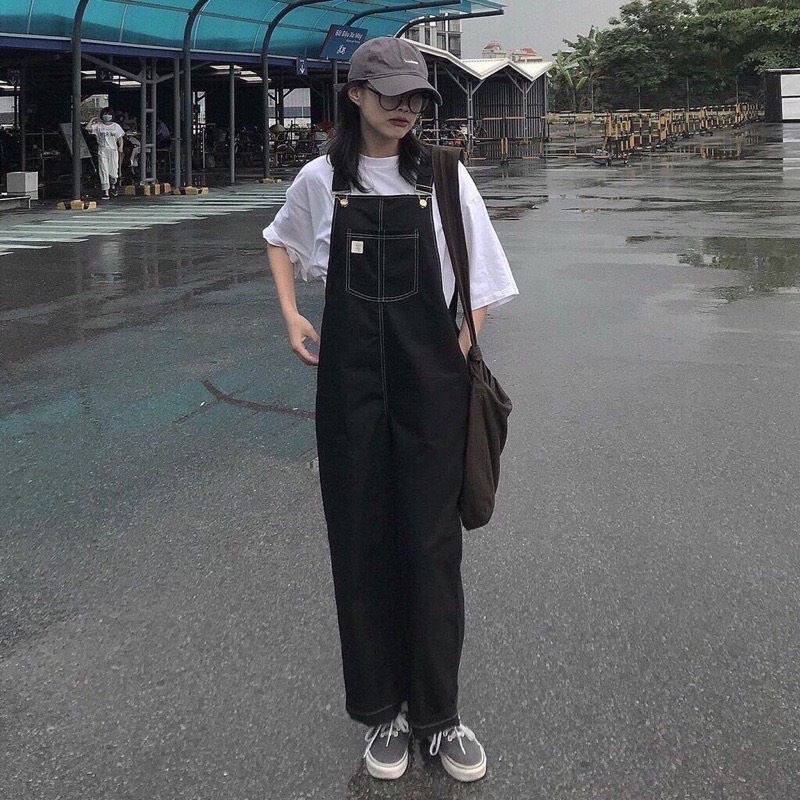 Quần Yếm Nữ Dáng Xuông Ulzzang🌸 Yếm Đùi Lửng Form Rộng Unisex Có 2 Túi Trước 2 Màu Đen Trắng