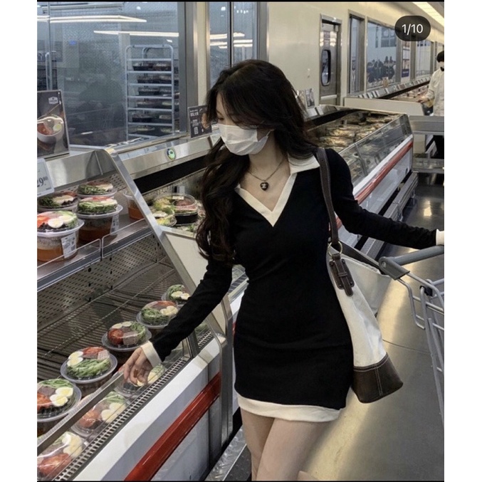 ĐẦM BODY ĐEN CỔ V VIỀN TRẮNG