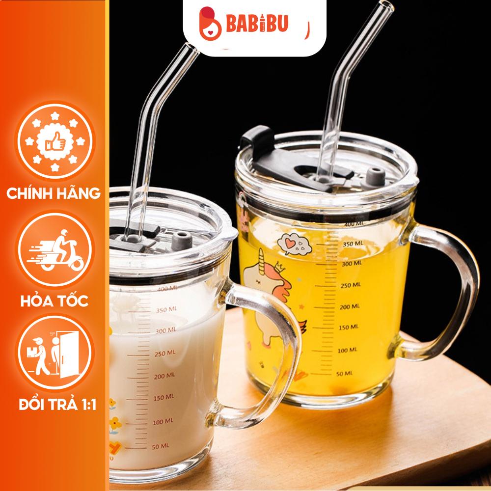Cốc Pha Sữa, Thuỷ Tinh Cao Cấp, Chia Vạch, Có Nắp Chắc Chắn và Ống Hút Babibu