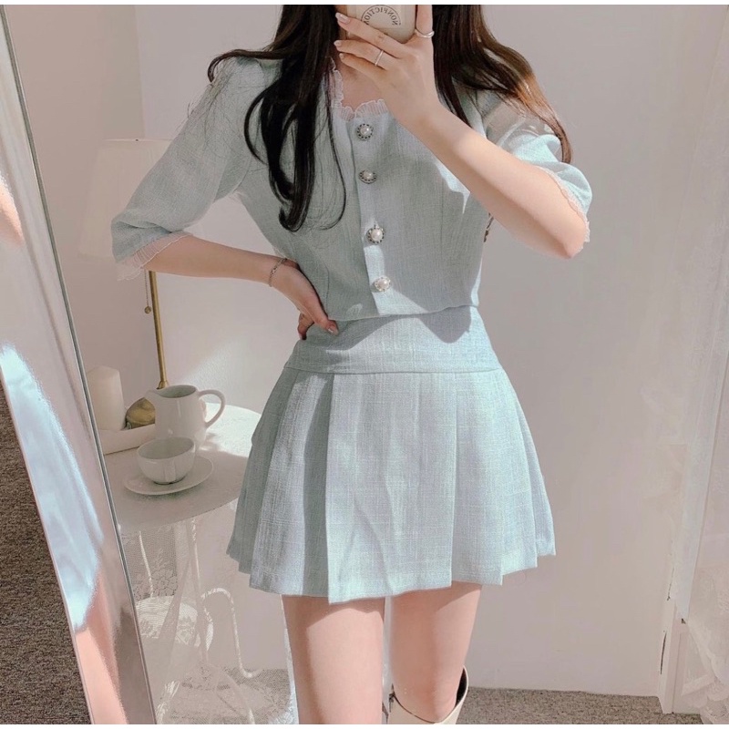 SET ÁO CỔ REN ĐÍNH HẠT + CHÂN VÁY XẾP LY