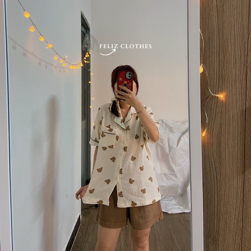 Pyjama xô muslin gấu nâu siêu dễ thương