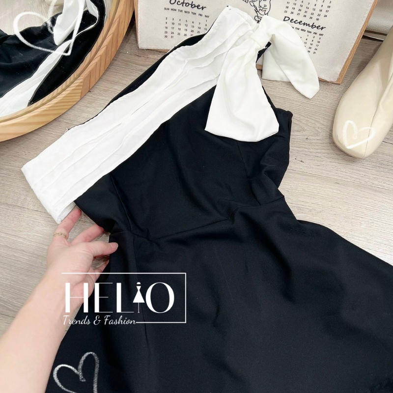 Set áo lệch vai kèm chân váy chữ A _ Trắng Đen _ HE038