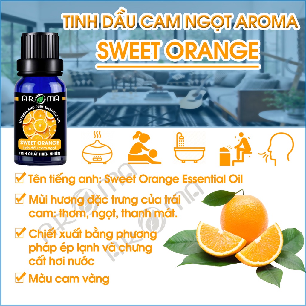 Combo 3 tinh dầu AROMA Sả chanh Lemongrass Cam tươi Fresh Orange và Quế Cinnamon, tinh dầu thơm phòng