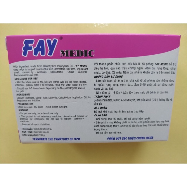 Xà phòng tắm trị nấm da, rụng lông, ve ghẻ chó mèo - Fay Medic 100g