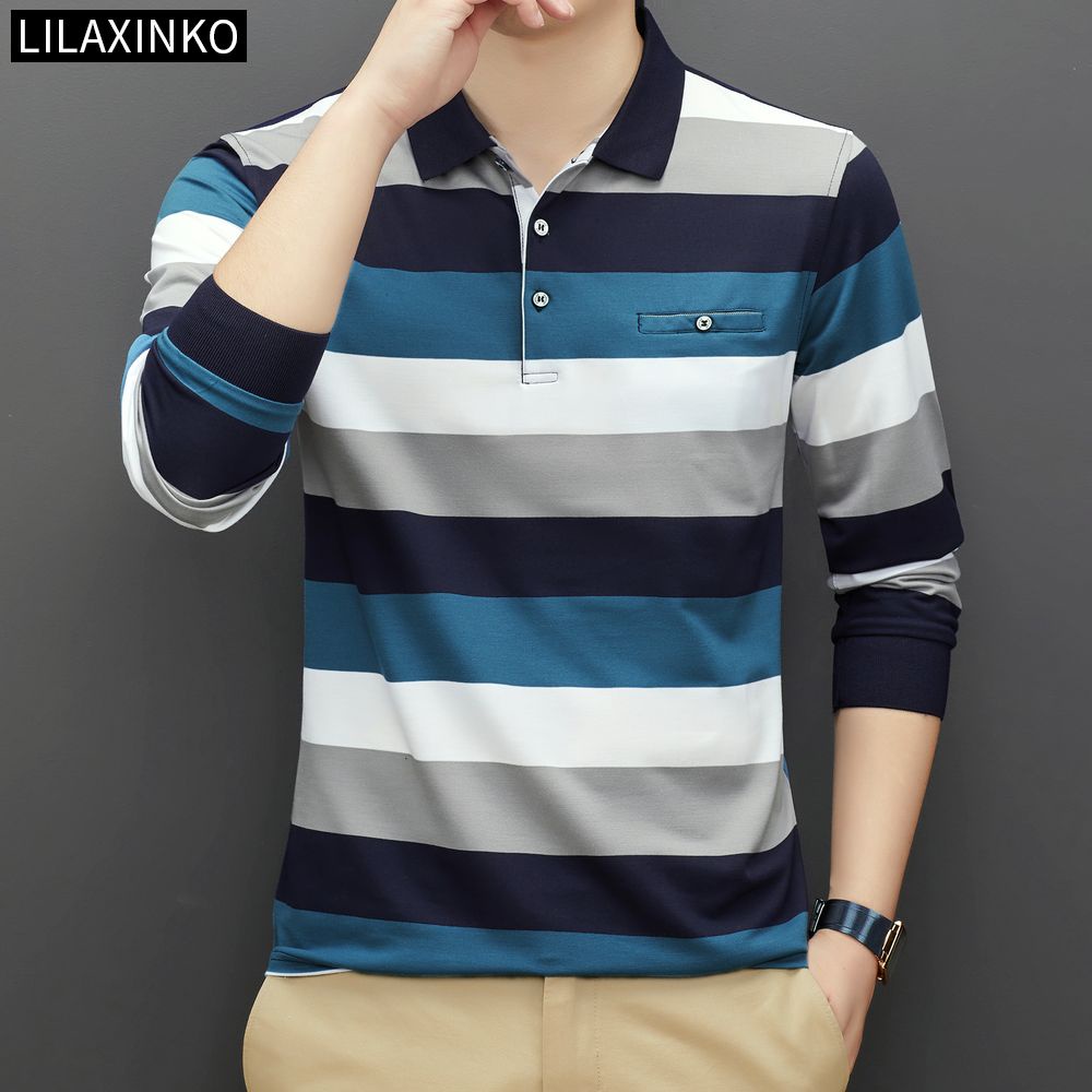 Áo Thun Polo Cotton Tay Dài Kẻ Sọc 3 Màu Thời Trang Thu Đông Cho Nam