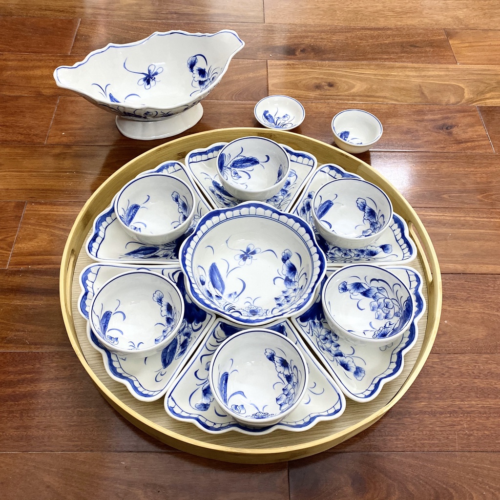 Bộ bát đĩa hoa mặt trời hàng vẽ kèm bát gà và không kèm khay gỗ - Bát ăn cơm - Gốm sứ Decor