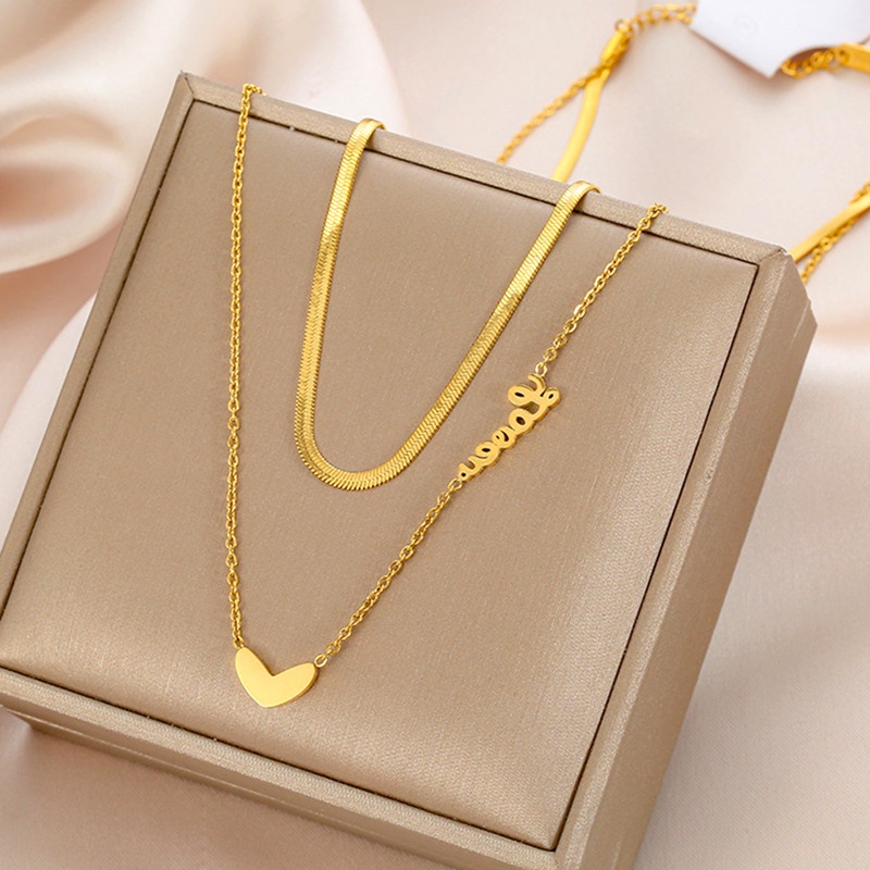 dây chuyền titan cho nữ nhiều lớp LOVE Chữ cái hình trái tim Vòng cổ bằng thép không gỉ vàng 18k Phụ kiện chính hãng của Hàn Quốc