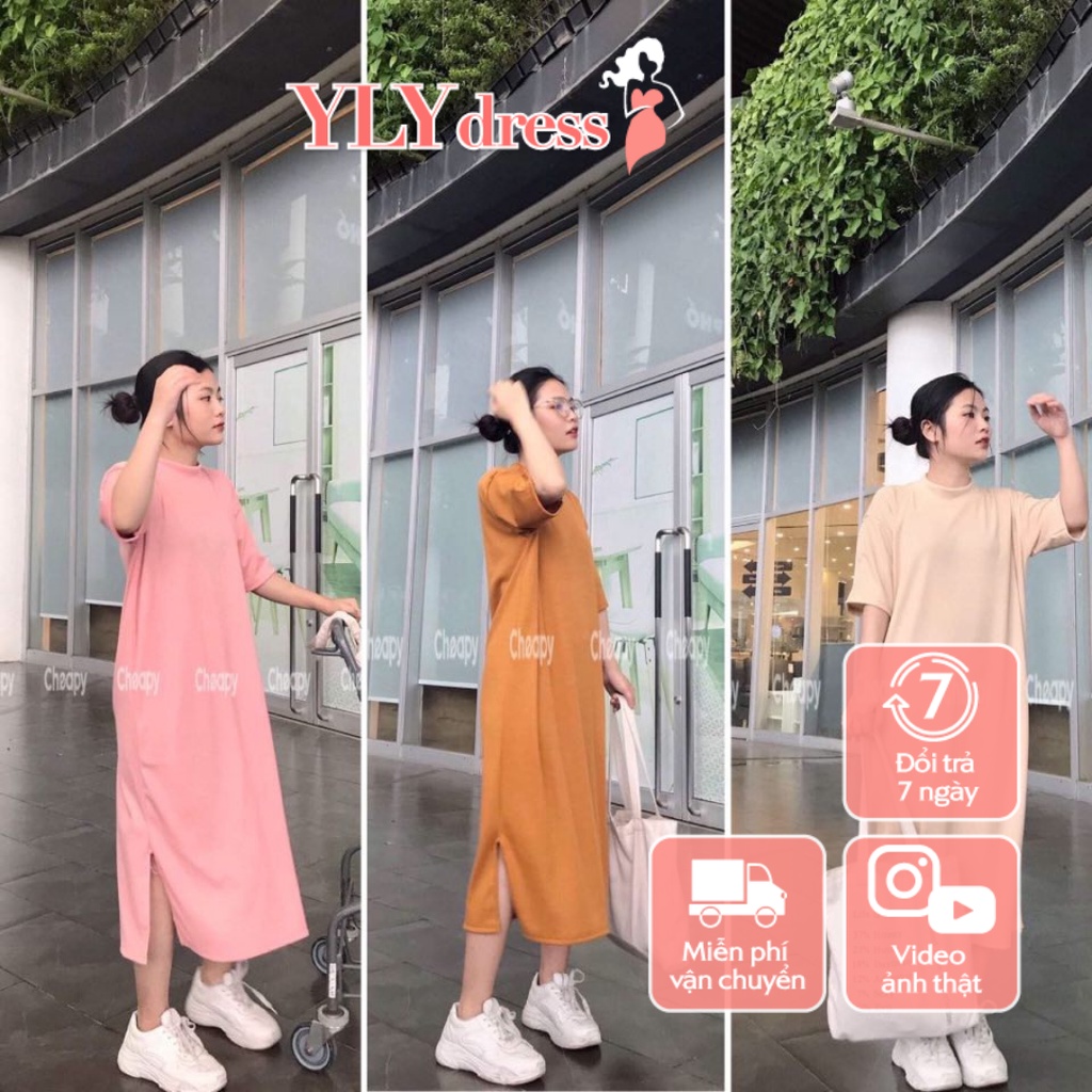 Váy thun tăm suông xẻ tà chất co giãn dáng suông - Váy đầm nữ dáng suông cộc tay freesize phom rộng C64